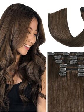 12”Brown Human Hair Clip-in Extensions 100% Human Hair